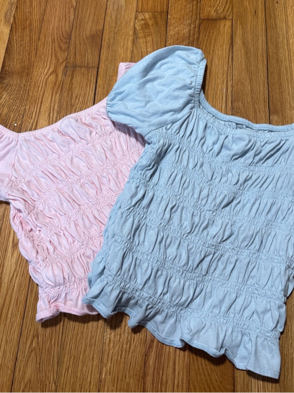 Old Navy Girls Smocked Puff-Sleeve Tops in Pink and Light Blue